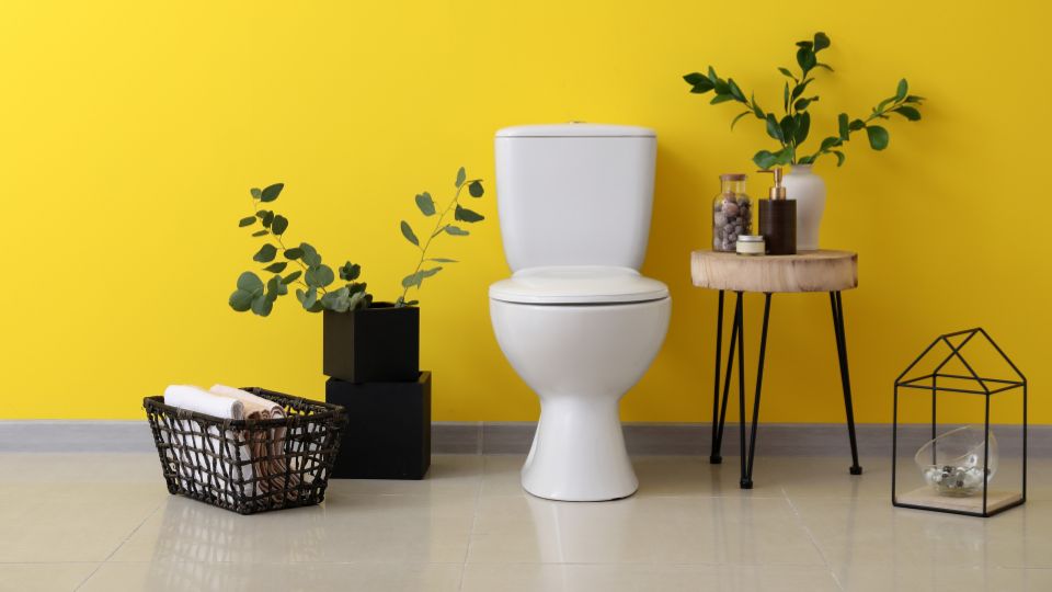 Toliet with a yellow background
