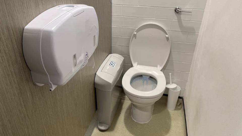 a sanitary waste bin a female toilet cubicle