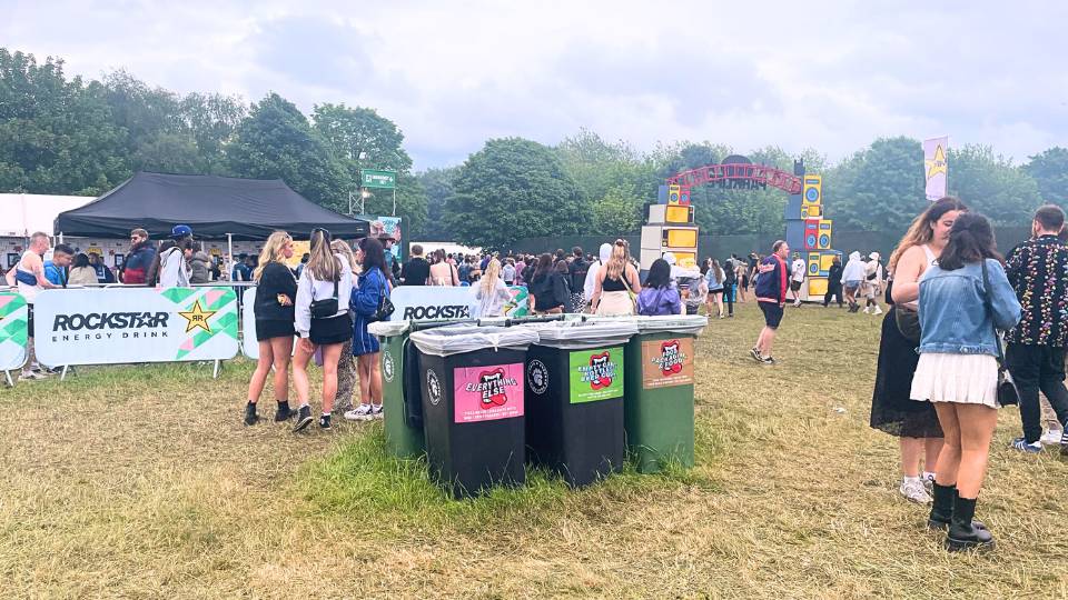 bins filled with waste at parklife festival 2024
