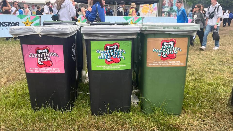 photo of three bins at parklife festival for general waste, dry mixed recycling and food waste