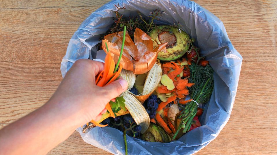 Food waste being thrown into a bin.