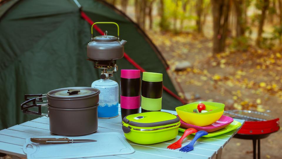 Plastic reusable campsite cutlery, plates, and utensils