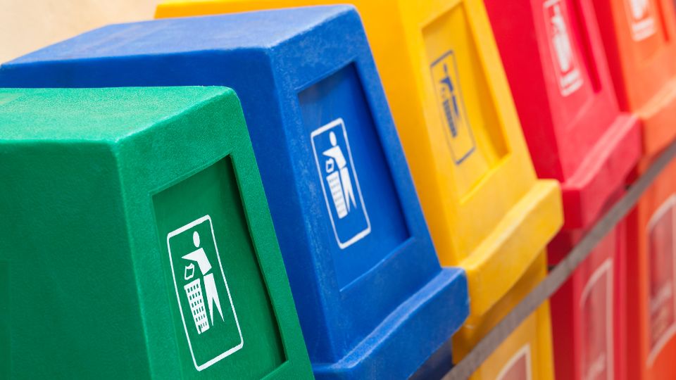Recycling bins in colour coordination for different materials.