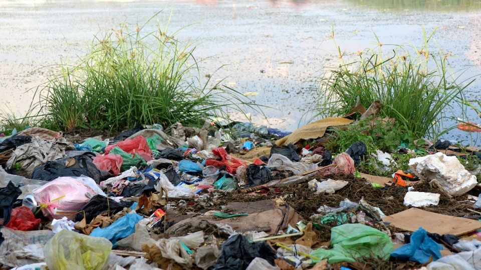 Plastic and waste at the side of a river.