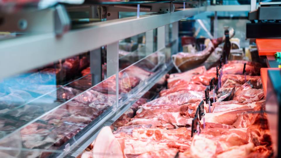 meat displayed in a butcher counter