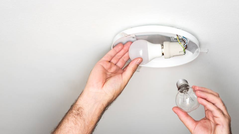 a person switching out a broken lightbulb being disposed of