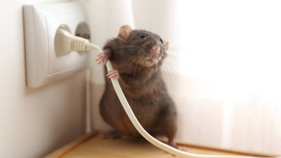 Mouse gnawing on a wire in a UK business