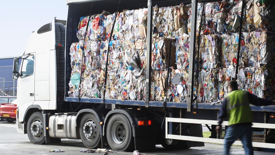 mixed recycling on a bin lorry