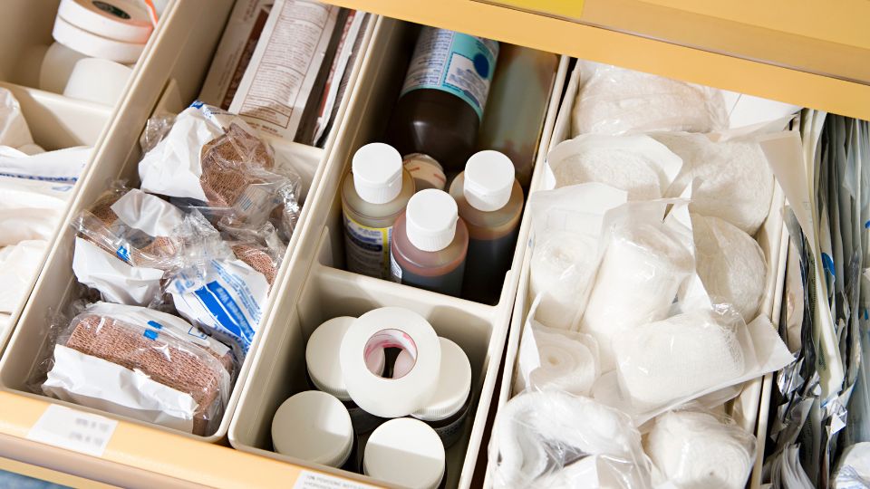 Drawer full of clinical supplies.