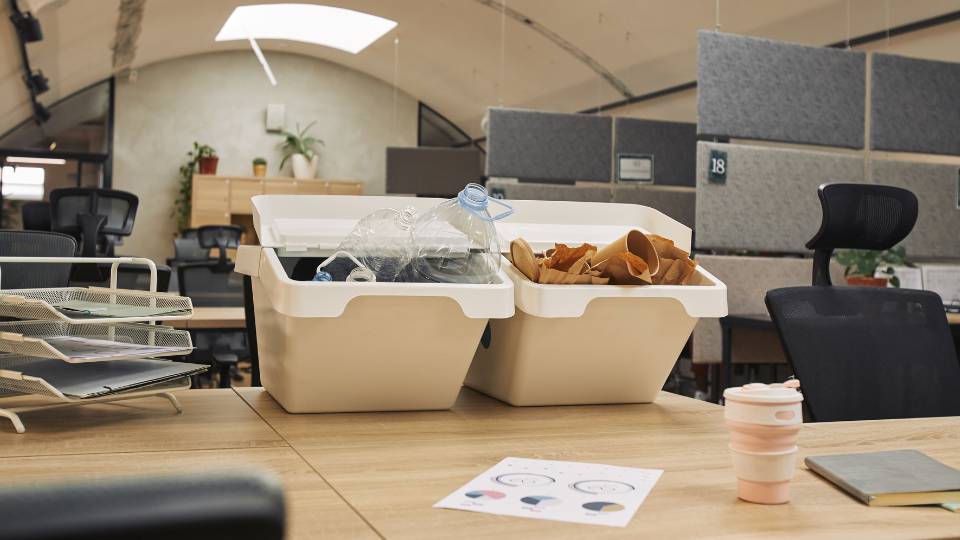 workplace recycling bins in a headquarters