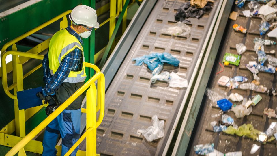 Employee tracking wastes on a conveyer belt.