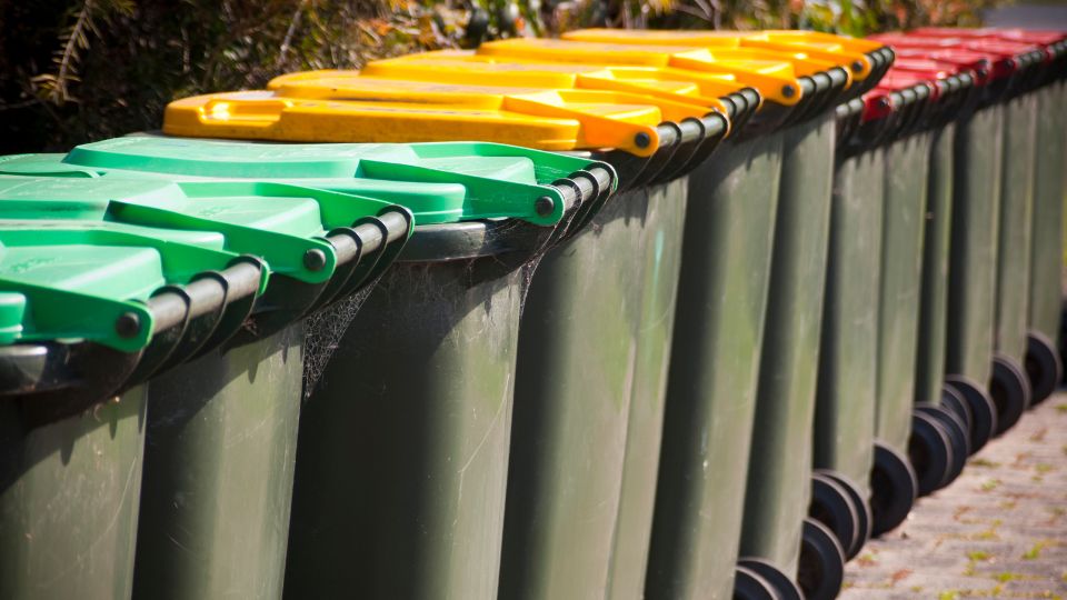 Bins organised by waste type.