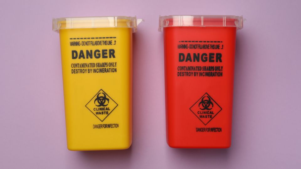 Sharps waste bin and hazardous waste bin.