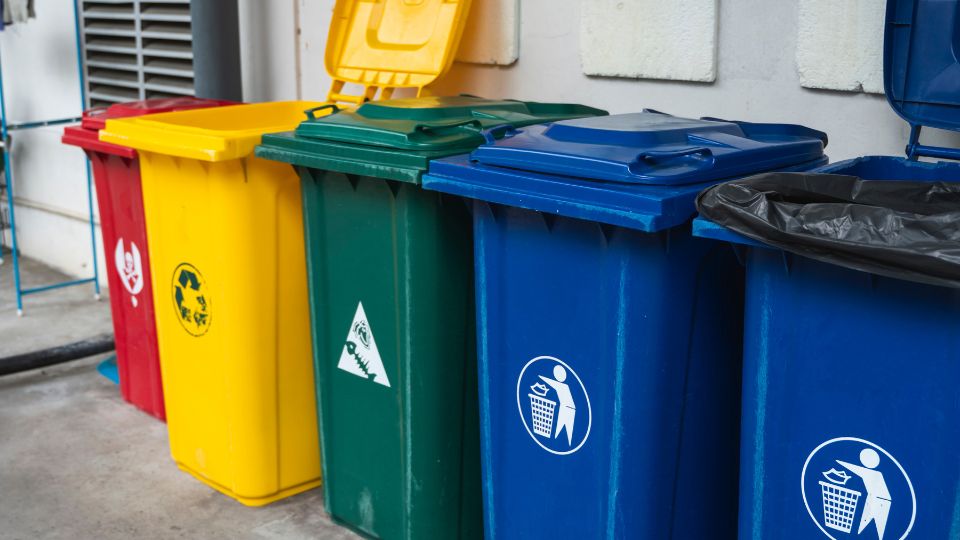 Coloured waste bins at a vets.