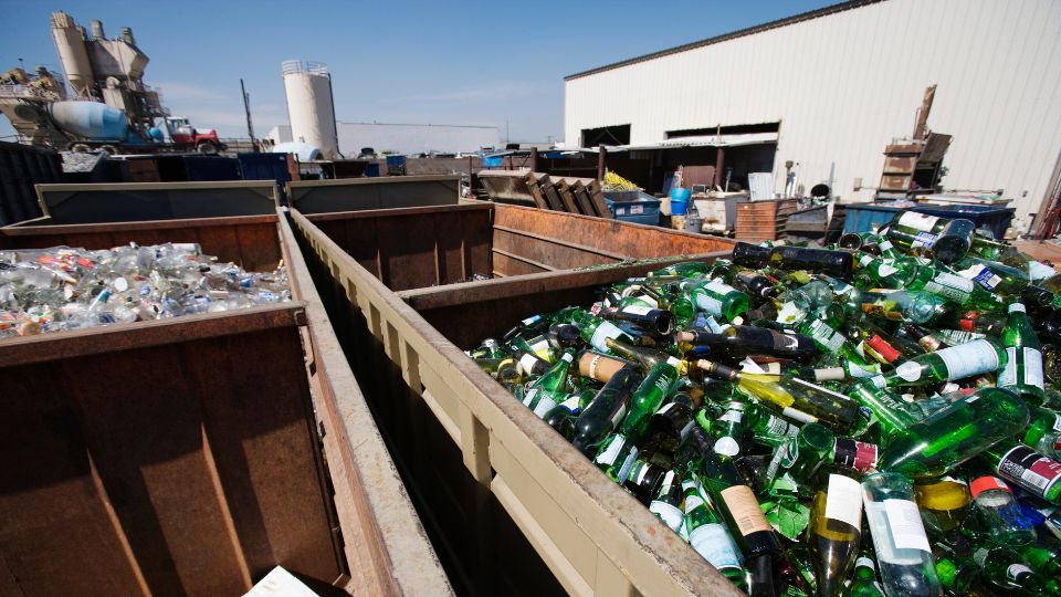 Glass waste in a recycling centre.