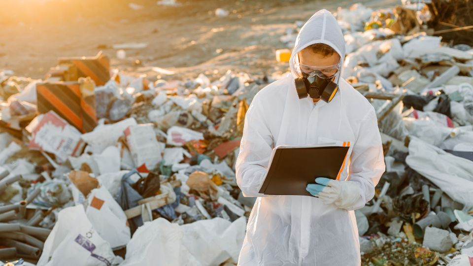 Employee in hazmat suit in landfill waste.