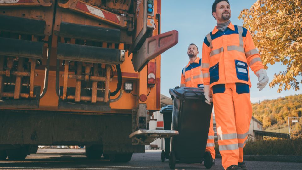 Commercial waste collectors taking wheelie bins to the truck