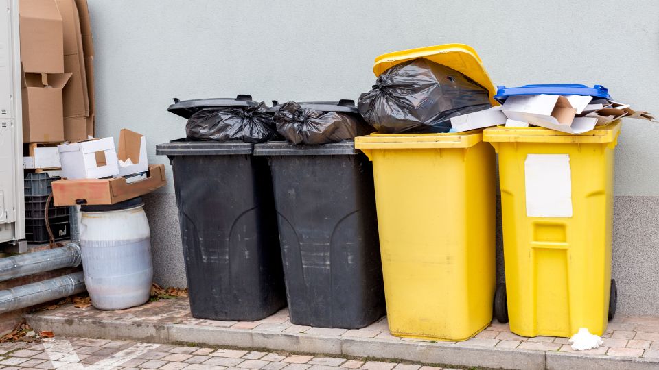 Overfilled black and yellow wheelie bins