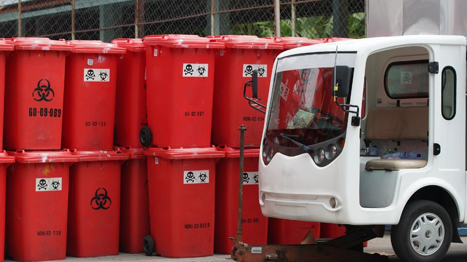 Biohazardous waste bins.