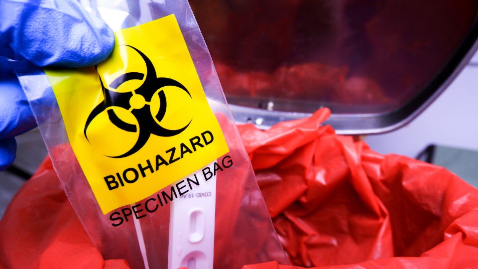 Biohazardous waste in a specimen bag.