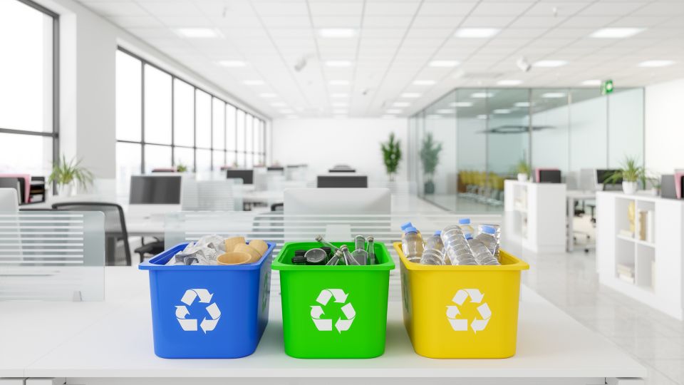 Recycling bins in an office.