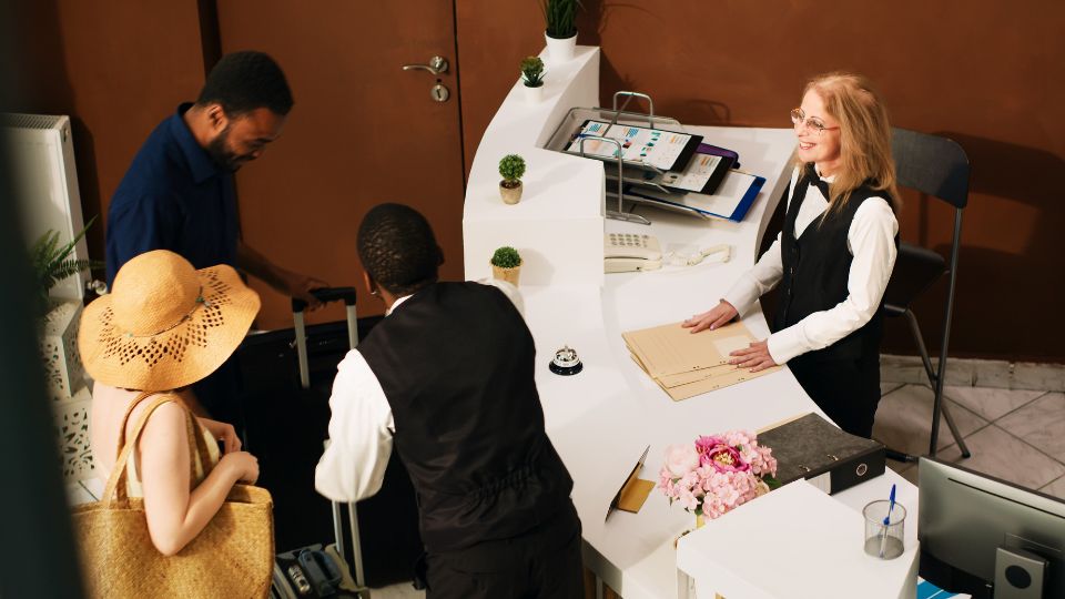 Hotel employees working at the reception.