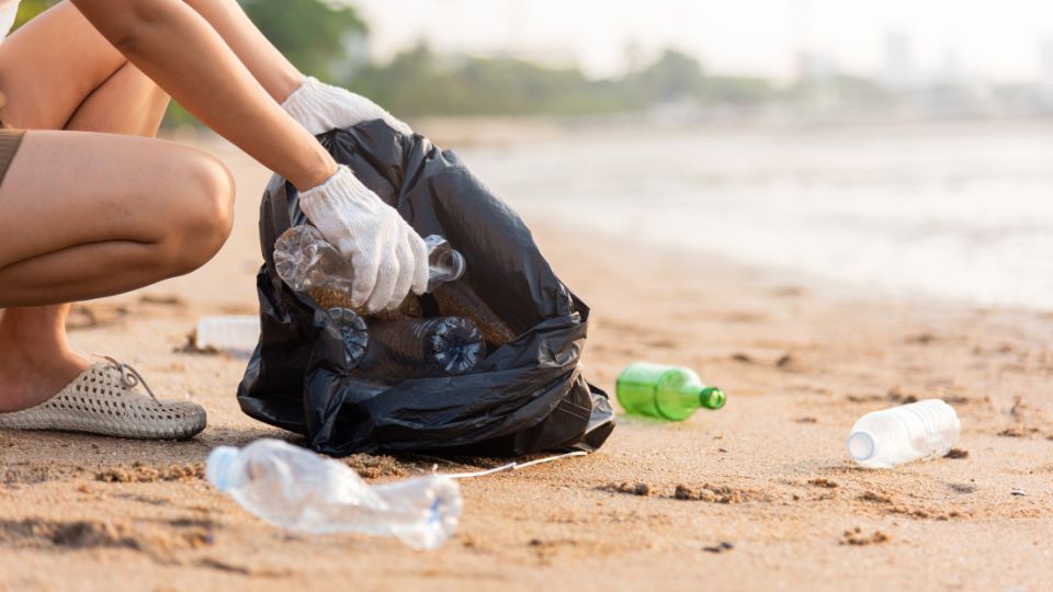 Plastic waste along a shoreline.